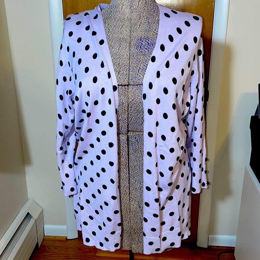 RED Womens Large Lavender w Black Polka Dot Medium Length Cardigan
